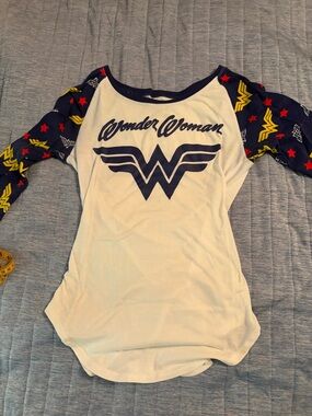 DC Wonder Woman Cream and Navy Long Sleeve Raglan Tee with Yellow & Red Accents